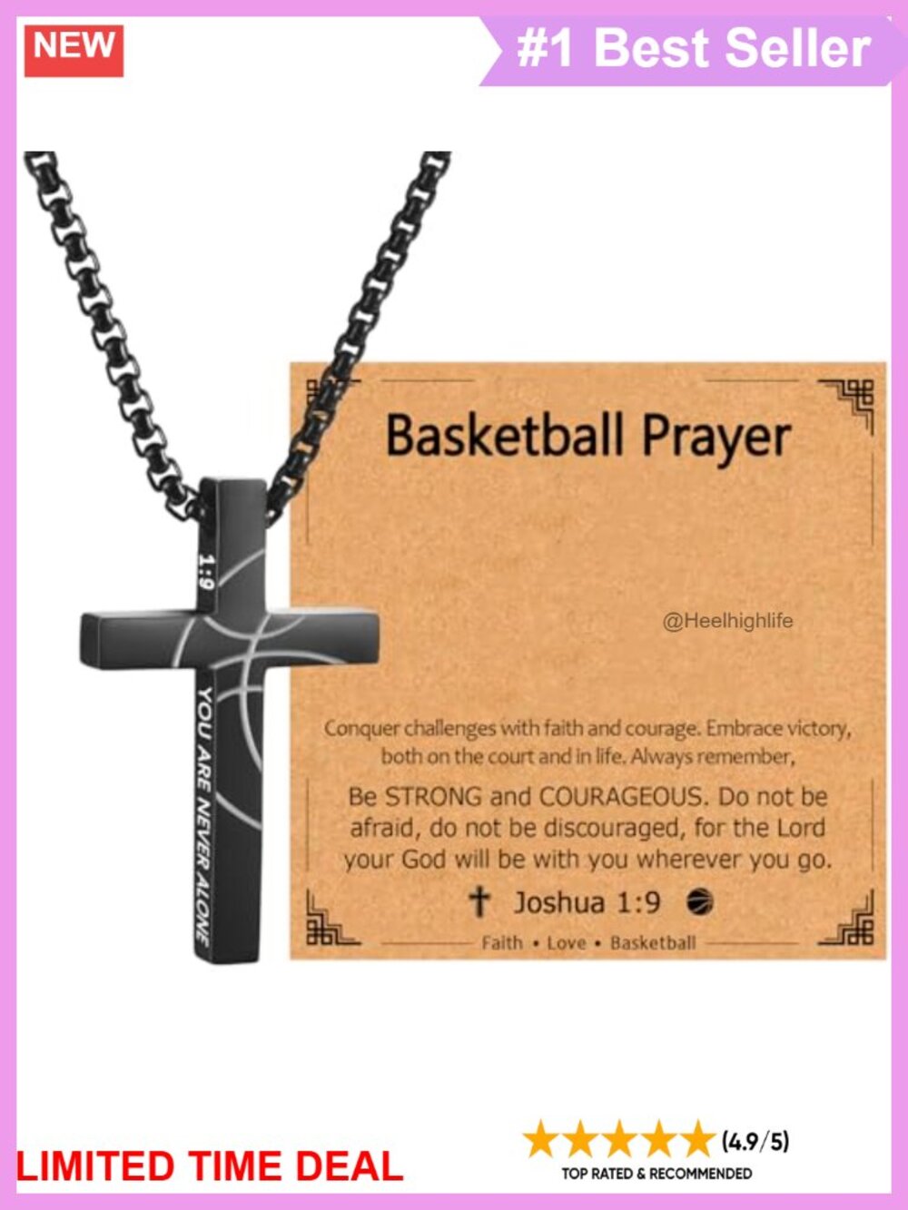 Men's Stainless Steel Basketball Cross Pendant Necklace Bible Verse 20"